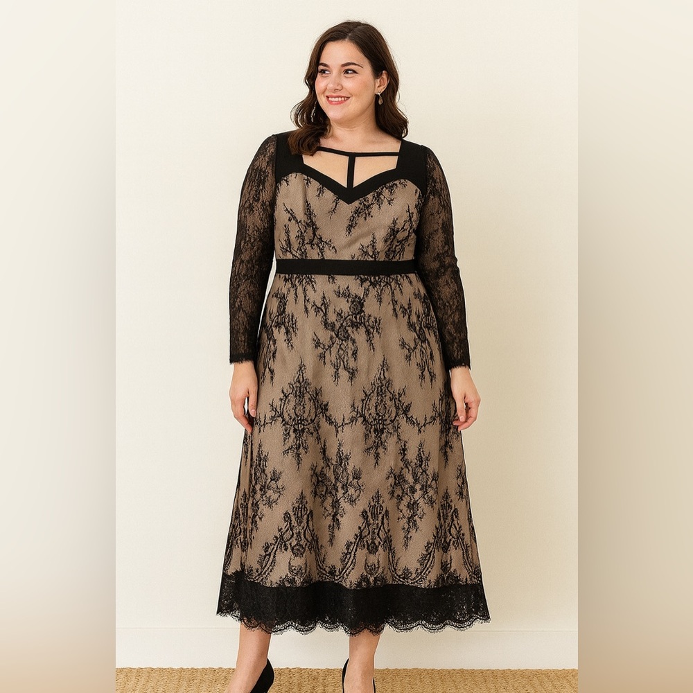 Elegant Black Lace Overlay Dress | Size L | Modest & Timeless